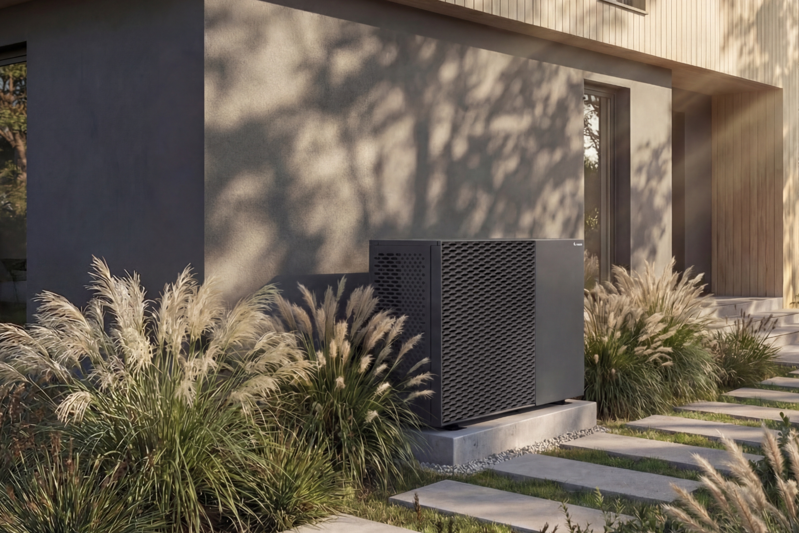 Grijze warmtepomp voor een modern huis