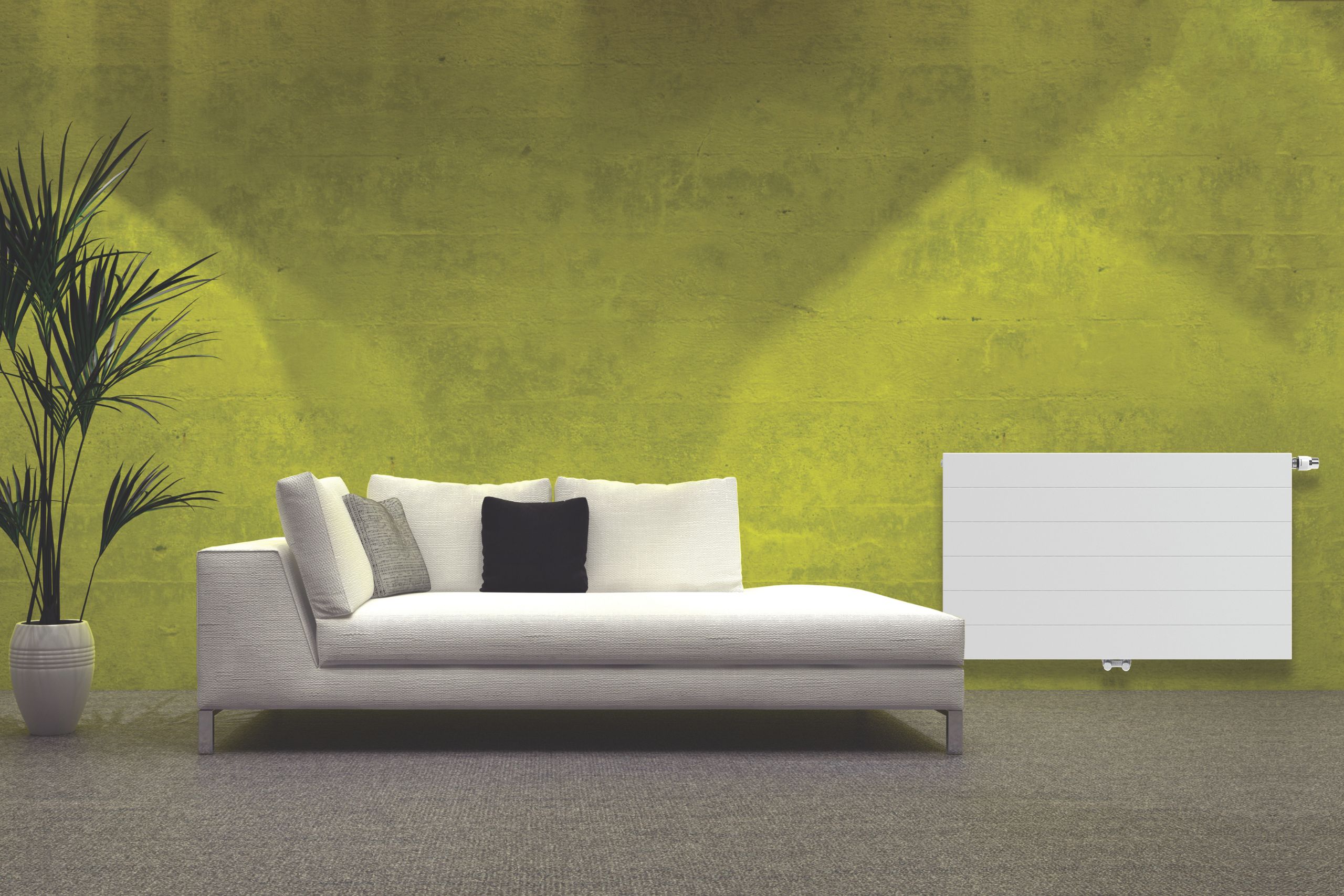 Woonkamer met groene muur en verwarming